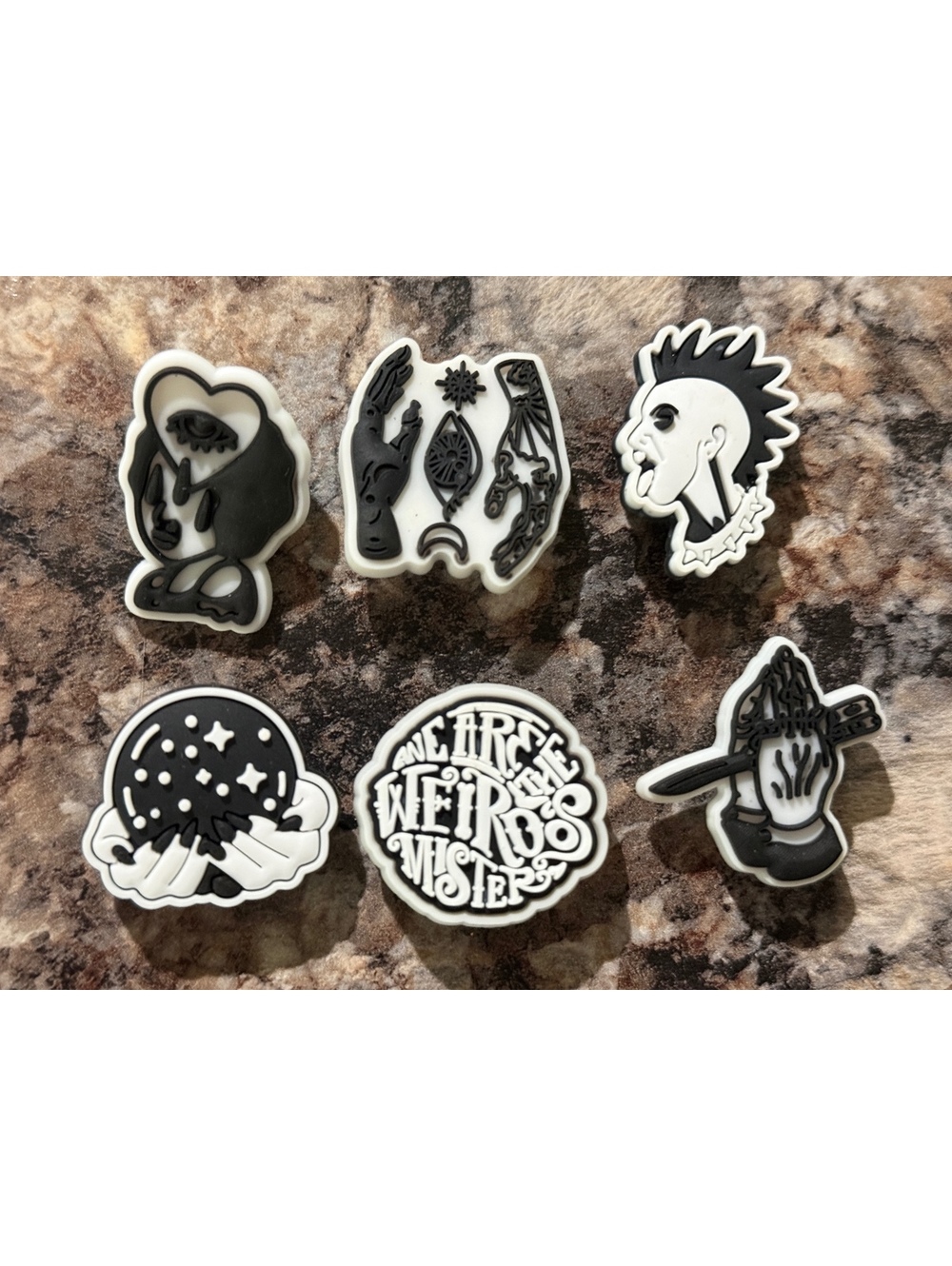6-Piece Gothic Black and White Shoe Charms